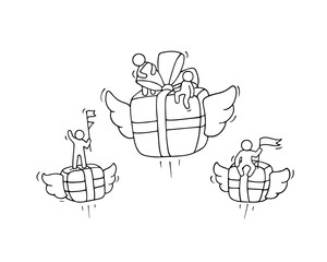 Sketch of flying gift box with little workers.