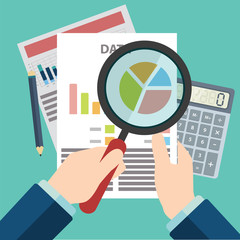 Businessman hands with magnifier analysis paper sheet, calculator, pen. auditing tax, financial market analysis, seo, financial report.