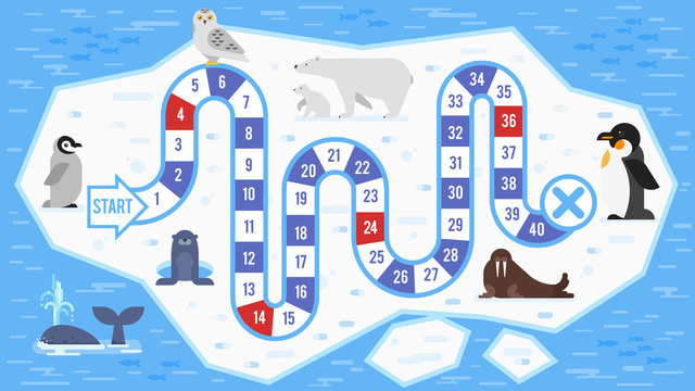 Vector Flat Style Illustration Of Kids Arctic Animals Board Game 