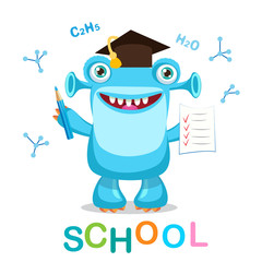 Funny Monster And Text Back To School On A White Background Vector Illustrations. Education Theme. Cartoon Monster Mascot.