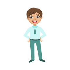 Boy In Blue Trousers And Shirt With Tie Happy Schoolkid In School Uniform Standing And Smiling Cartoon Character