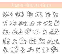 romantic icons set of working little people
