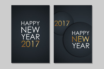 2017 Happy New Year greeting cards with golden colored elements and black background. Vector illustration.