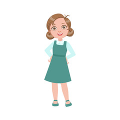 Girl In Blue Dress Happy Schoolkid In School Uniform Standing And Smiling Cartoon Character