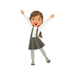 Girl In Black Skirt With Suspenders Happy Schoolkid In School Uniform Standing And Smiling Cartoon Character