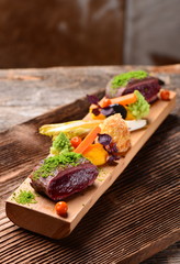 Fine dining Venison meat steak with vegetable