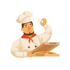 Chef Packing Pizza In Box,Part Of Italian Fast Food Cuisine Restaurant Takeout Delivery Service Collection Of Illustrations