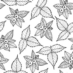 Seamless doodle pattern with blueberries and leaves 