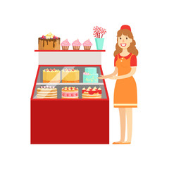 Woman Selling Cakes And Bakery, Shopping Mall And Department Store Section Illustration