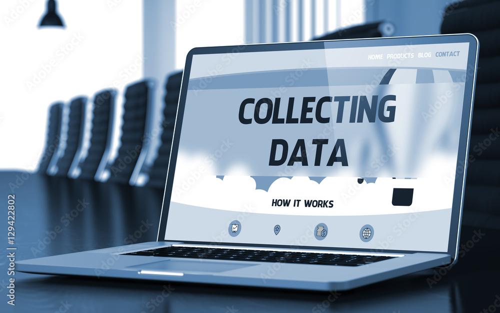 Poster landing page of laptop with collecting data concept. 3d.