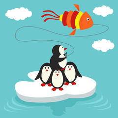 penguins on ice floe launch a kite in form of fish - vector illustration, eps