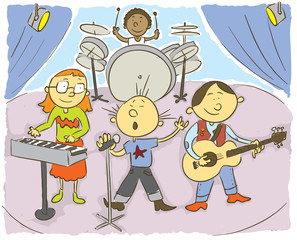 Music kids.Child's hand drawing vector illustration on happy child playing music