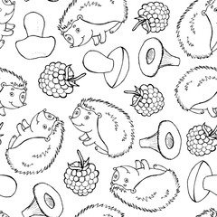 Seamless doodle pattern with cute hedgehog, mushrooms and berries. Children illustration 