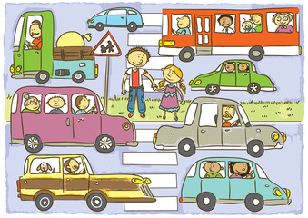 Obraz na płótnie Canvas Crosswalk.Child's hand drawing vector illustration on child crossing the street with many cars.