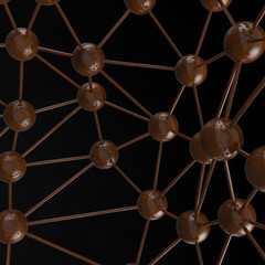 brown chocolate Molecular geometric chaos abstract structure. Science technology network connection hi-tech background 3d rendering illustration isolated on black