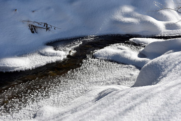 Frozen ice crystals among a small river