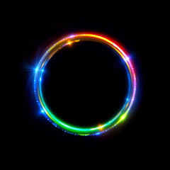 Abstract neon background. luminous swirling bunner. Glowing spiral. 
Shine round frame with light circles light effect. Glowing cover. 
Space for your message. Glossy. LED ellipse