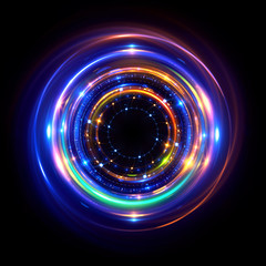Abstract neon background. luminous swirling bunner. Glowing spiral. 
Shine round frame with light circles light effect. Glowing cover. 
Space for your message. Glossy. LED ellipse