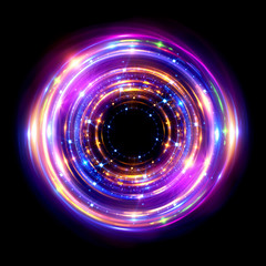 Abstract neon background. luminous swirling bunner. Glowing spiral. 
Shine round frame with light circles light effect. Glowing cover. 
Space for your message. Glossy. LED ellipse
