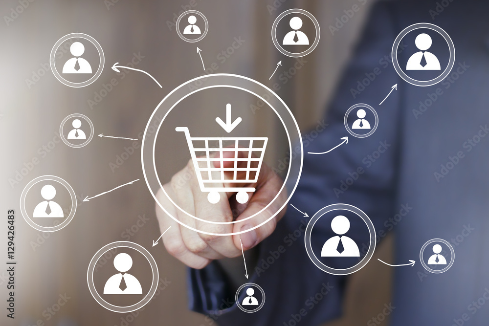 Poster businessman push button shopping cart web network
