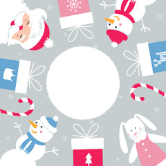 Christmas and Winter Holidays Round Banner. Santa, Snowman and Presents