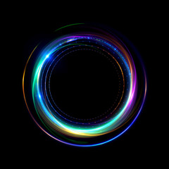 Abstract neon background. luminous swirling bunner. Glowing spiral. 
Shine round frame with light circles light effect. Glowing cover. 
Space for your message. Glossy. LED ellipse