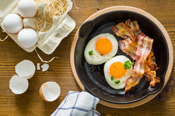 American breakfast with sunny side up eggs, bacon