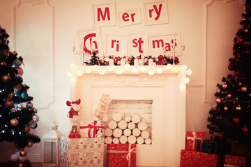 Perfect Christmas tree with decor and fireplace in living room