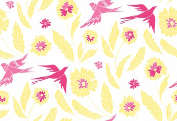 Floral seamless background pattern with flowers and birds. Colorful vector illustration hand drawn. Spring - summer season.
