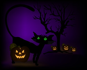 Halloween scene with black cat, pumpkins and tree. Vector
