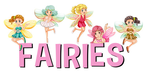 Five fairies flying over the word