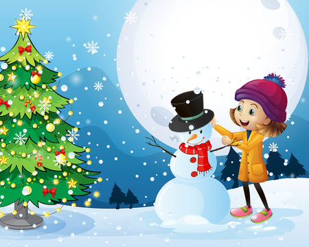 Christmas theme with girl and snowman
