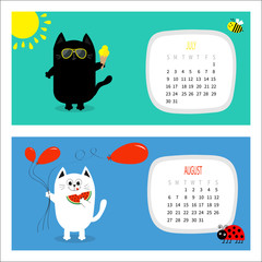 Cat horizontal calendar 2017. Cute funny cartoon white black character set. July August hello summer month. Ice cream, yellow sun shining, sunglasses. Red balloon, watermelon fruit. Flat design.