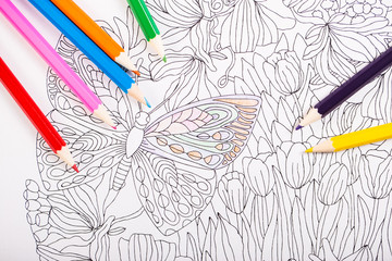 Multi-colored pencils and coloring book for adults