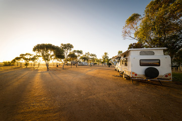 Campsite with caravans in a morning light in the Hyden ,Western Australia.