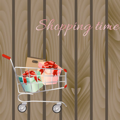 Shopping cart full of shopping bags and gift boxes. A contemporary style. Vector design illustration on a wooden background.