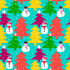 Winter seamless pattern with tree and snowman. Christmas background.