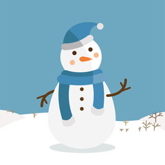 Muñeco de nieve con fondo de paisaje nevado