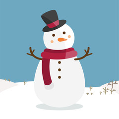 Muñeco de nieve con un fondo de paisaje nevado