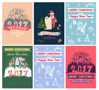 Collection of 6 Christmas card templates.  Posters set. Vector illustration