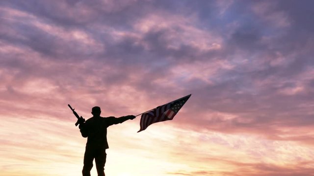 
4K. Soldier silhouette with rifle waves American Flag against gloomy red sky

