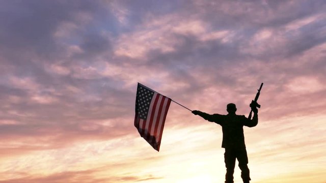 4K. Soldier silhouette with rifle waves American Flag against gloomy sky