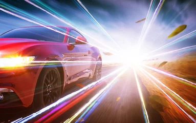 Fototapete Schnelle Autos Roter Rennwagen mit Lichteffekt.