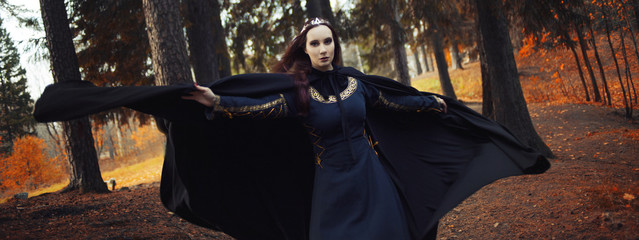 Young beautiful and mysterious woman in woods, in black cloak with hood, image of forest elf or...