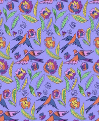 Floral seamless background pattern with flowers and birds. Colorful vector illustration hand drawn. Spring - summer season. 