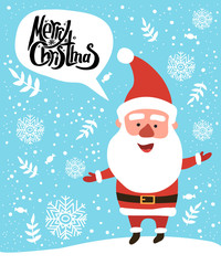 Merry Christmas and  congratulation. Santa Claus with speech bubble standing on a snowbank. Around snowflakes, twigs and sweets. Vector flat isolated illustration.