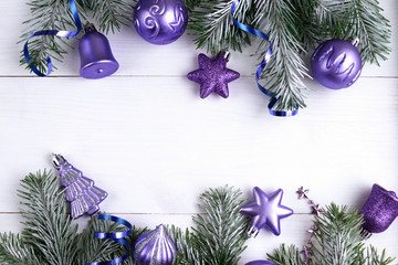 Christmas decoration on white wooden background with free space.