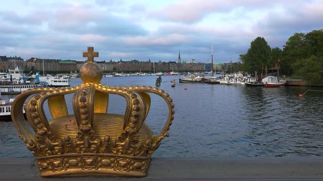 Bridge with crown to Skeppsholmen island, Stockholm, Sweden. 4K.
