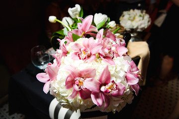 Gorgeous bouquet of white peonies and pink flowers