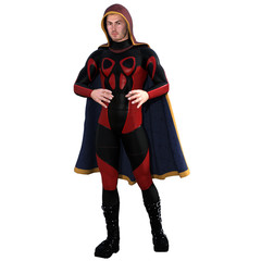 One young man in a super suit and a red cloak. He stands with his hands trying to keep something